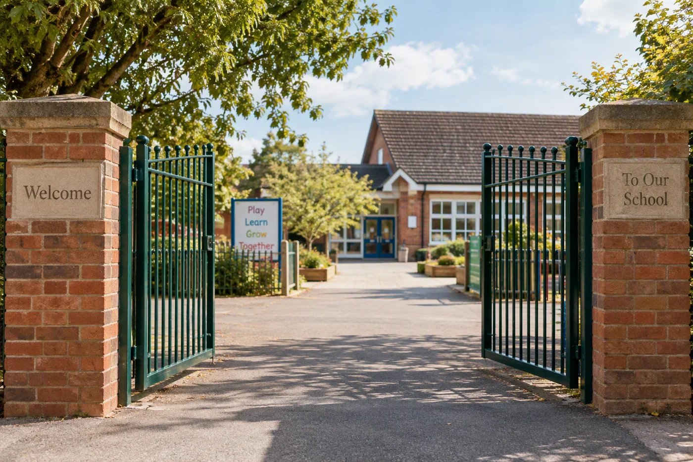 Open school gates welcoming children to their next adventure at primary school